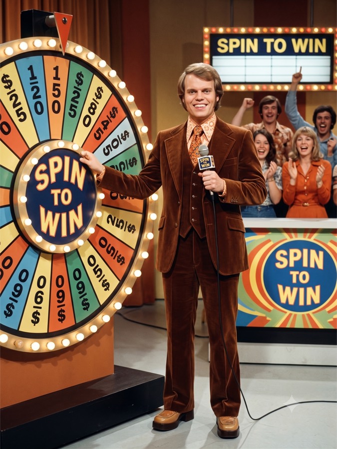 Your host Fedo, in a brown velvet three-piece suit, standing beside a lit prize wheel.